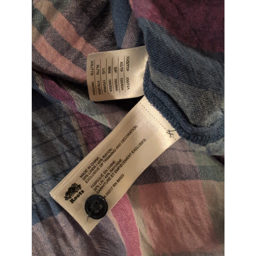 Roots blue purple pink Linen blend plaid button down shirt size xs - Picture 4 of 4